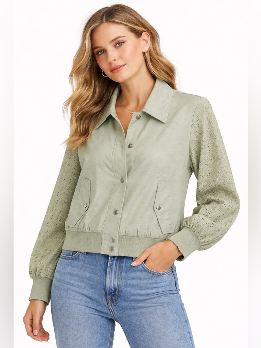 7 For All Mankind Sage Green Eyelet Sleeve Bomber Jacket Medium Soft Girl Chic